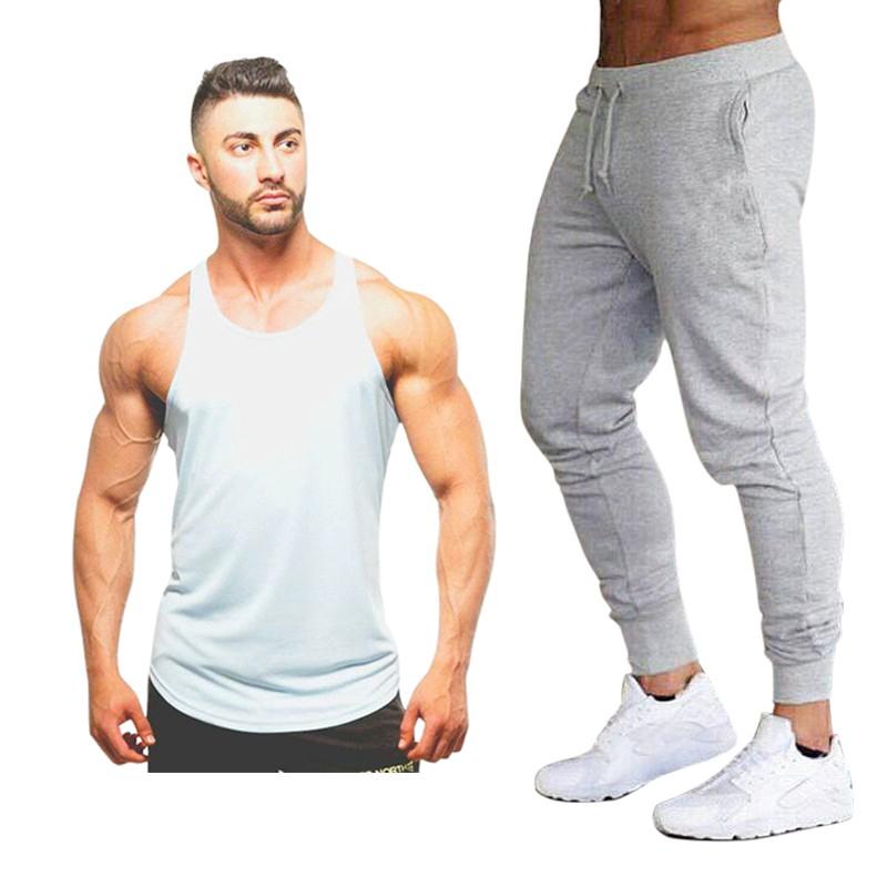 Áo thun ba lỗ + quần dài thể thao bằng cotton 95% cho nam