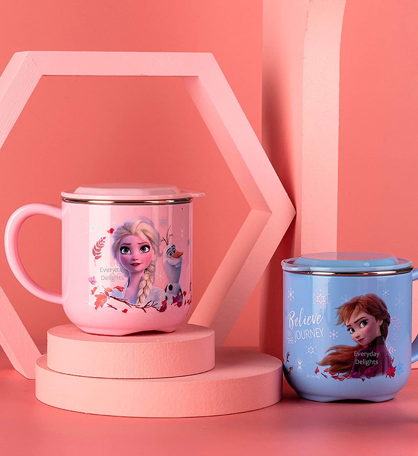 Ly cốc giữ nhiệt Disney in hình Elsa Anna Frozen P.2 màu hồng có nắp và quai cầm cho bé - 260ml