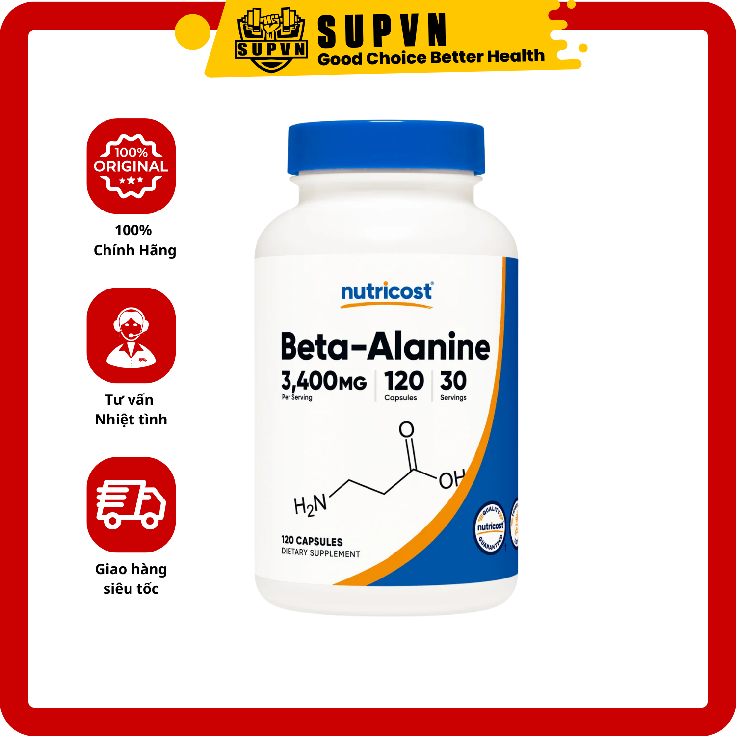 Viên Uống Nutricost Beta-Alanine 3400mg - Hỗ Trợ Duy Trì, Phục Hồi Và Phát Triên Cơ Bắp, Giảm Mệt Mỏi Và Tăng Sức Bền