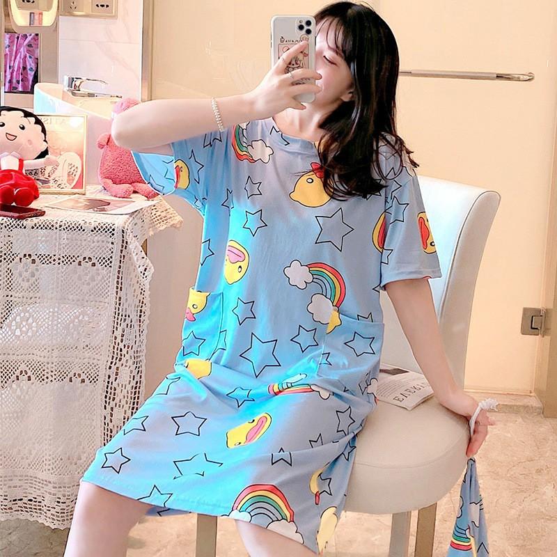 Bộ Đồ Ngủ Ngắn Tay Dáng Rộng In Họa Tiết Hoạt Hình Xinh Xắn Cho Nữ
