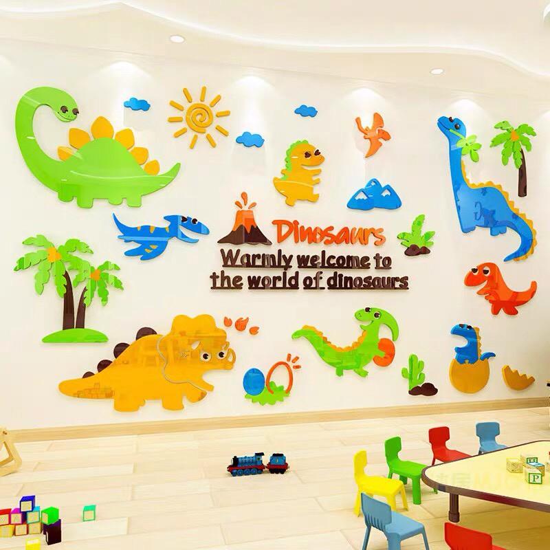 Decal dán tường mica 3D thế giới khủng long, các loại khủng long cho bé trai, tranh trang trí phòng bé cực yêu