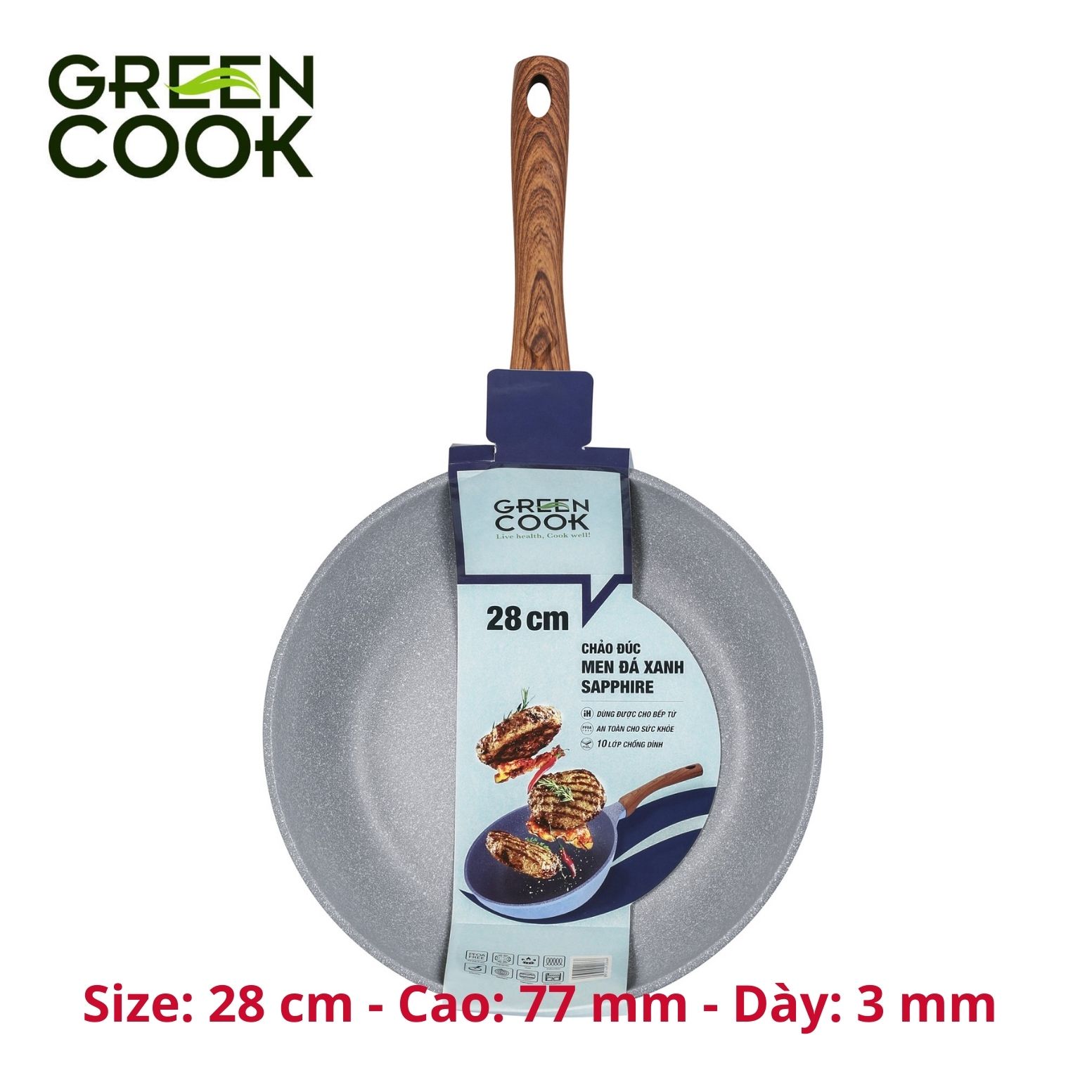 Chảo chống dính đáy từ, chảo đúc men đá xanh sapphire Green Cook GCP09 công nghệ Hàn Quốc_Hàng chính hãng