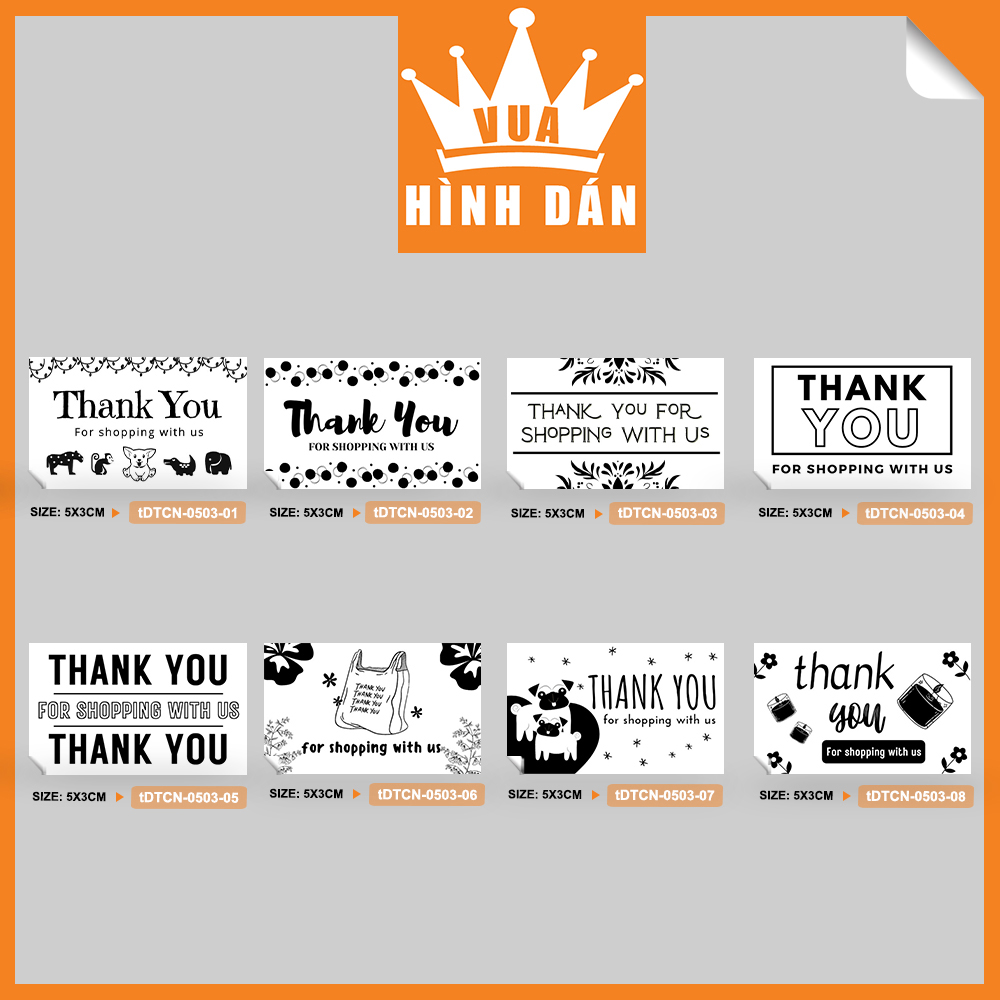 Set 50/100 sticker THANK YOU FOR SHOPPING WITH US (5x3cm) tem dán gói hàng, hộp sản phẩm (1.033)