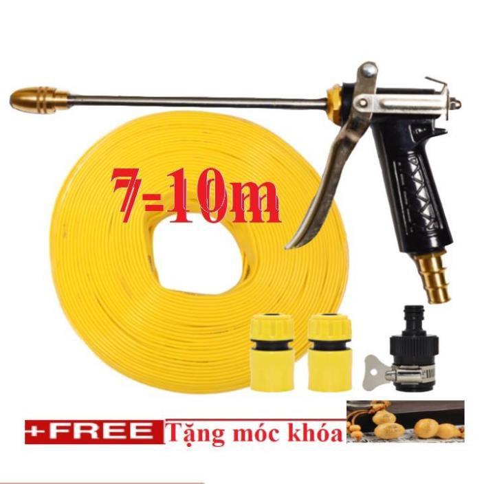 Bộ dây vòi xịt nước rửa xe, tưới cây . tăng áp 3 lần, loại 7m, 10m 206318 đầu đồng,cút,nối đen + tặng móc khoá