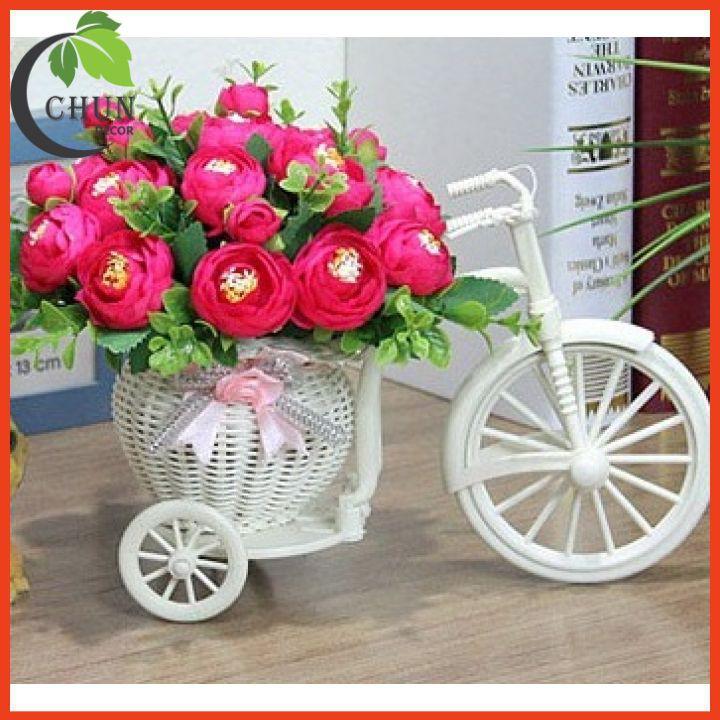 Hoa giả - Giỏ xe đạp hoa hồng Hungary nhiều màu cao 22cm để bàn,kệ tủ trang trí nhà cửa