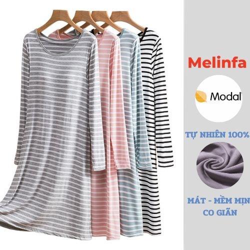 Váy đầm ngủ dài tay có mút đệm ngực mặc nhà hàng ngày vải Modal mềm mại thoáng mát mùa hè mã VAV0470