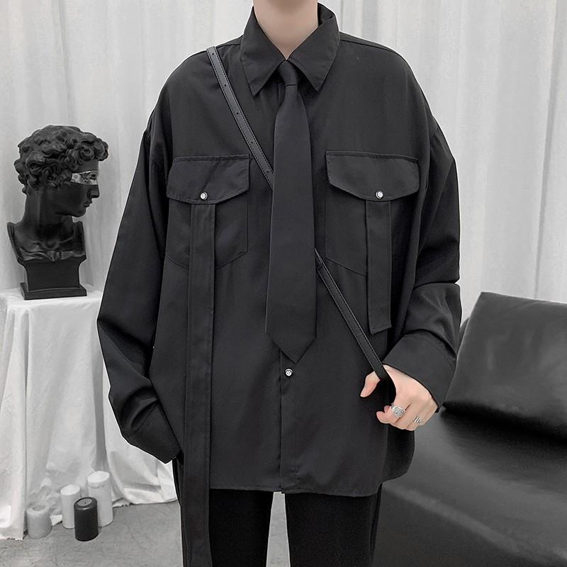 Áo sơ mi dáng rộng tay dài phối 2 túi phong cách hip hop cho nam