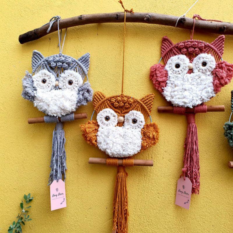 Nhiều màu - Cú bông macrame treo tường phụ kiện trang trí nhà cửa