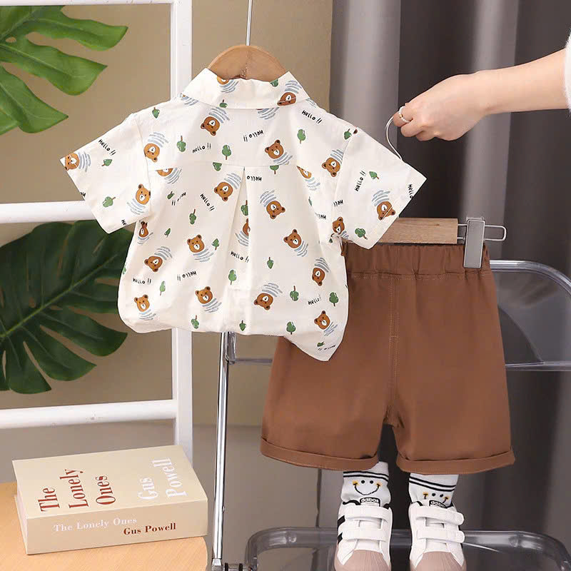 SET ÁO SƠ MI HỌA TIẾT GẤU CÀ VẠT QUẦN ĐÙI KAKI CHO BÉ TRAI 1-5 TUỔI