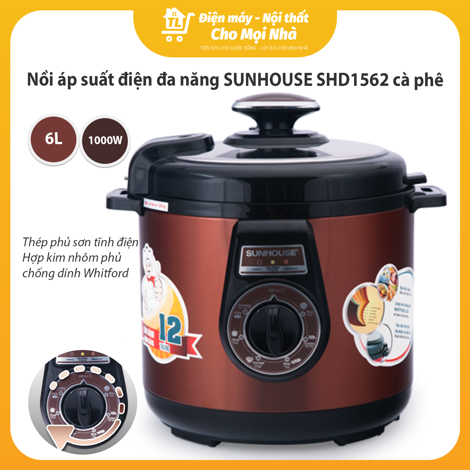 Nồi Áp Suất Điện Đa Năng Sunhouse SHD1562 (6L) - Cafe - Hàng chính hãng