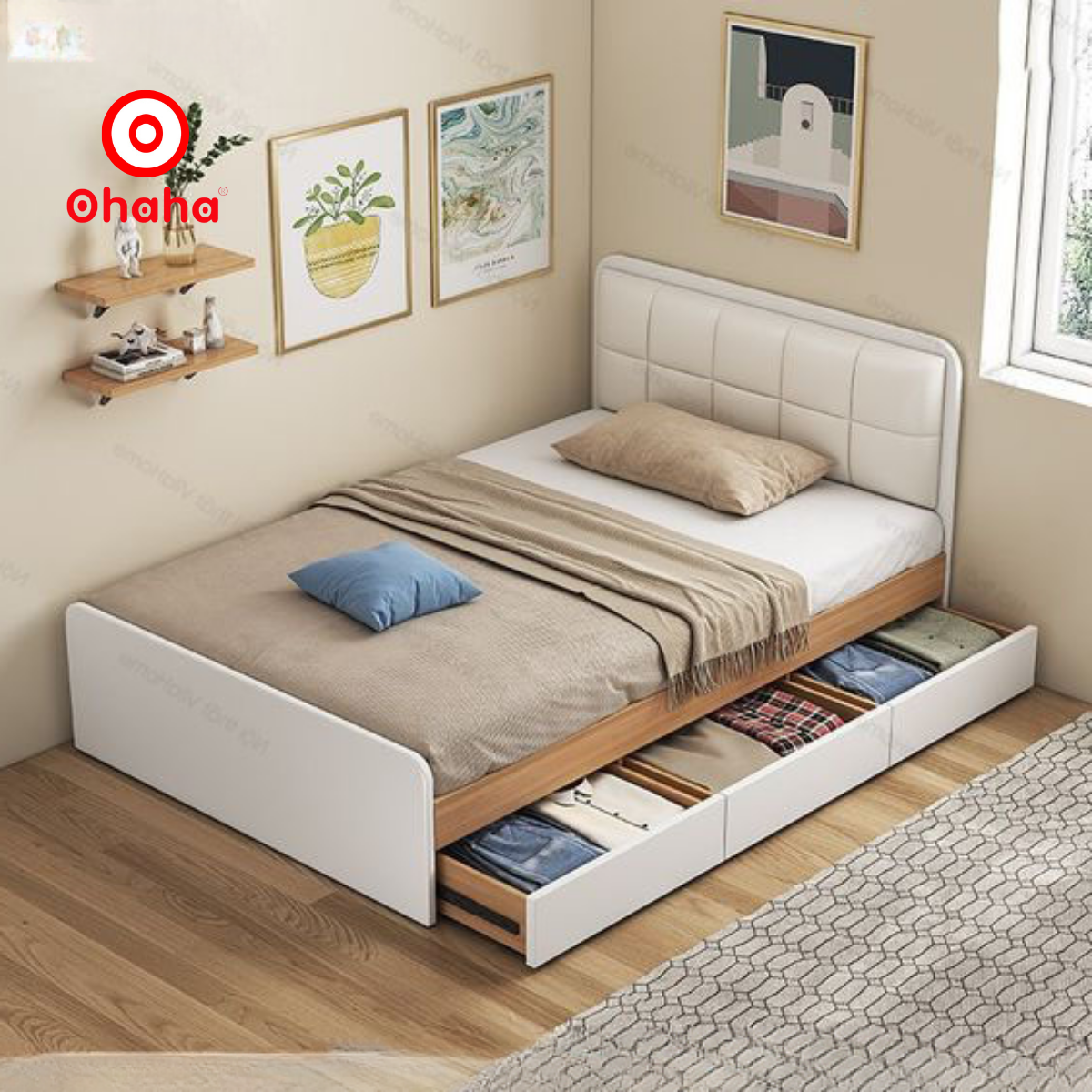 [Miễn phí lắp đặt &amp; vận chuyển] Giường ngủ gỗ cao cấp 2 hộc kéo bọc nệm đầu giường hiện đại Ohaha  - GN003