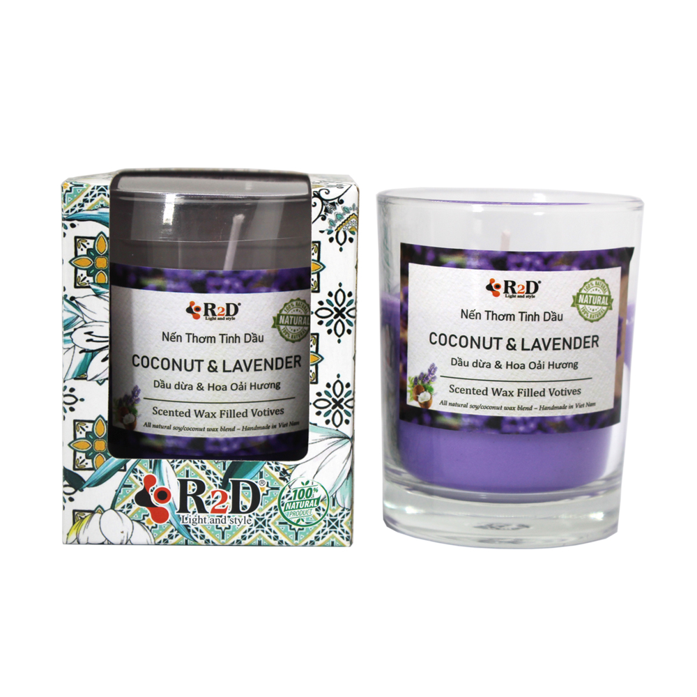 NẾN THƠM TINH DẦU COCONUT - LAVENDER [LY 300G - 0404] ĐẾN TỪ THƯƠNG HIỆU R2D, LÀM TỪ DẦU CỌ, DẦU DỪA, TINH DẦU, NGUYÊN LIỆU TỰ NHIÊN, LÀNH TÍNH