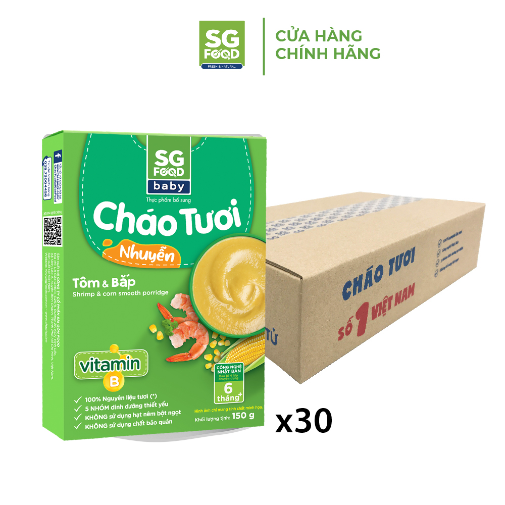 Thùng 30 Hộp Cháo Tươi Nhuyễn Sài Gòn Food Tôm &amp; Bắp 150g