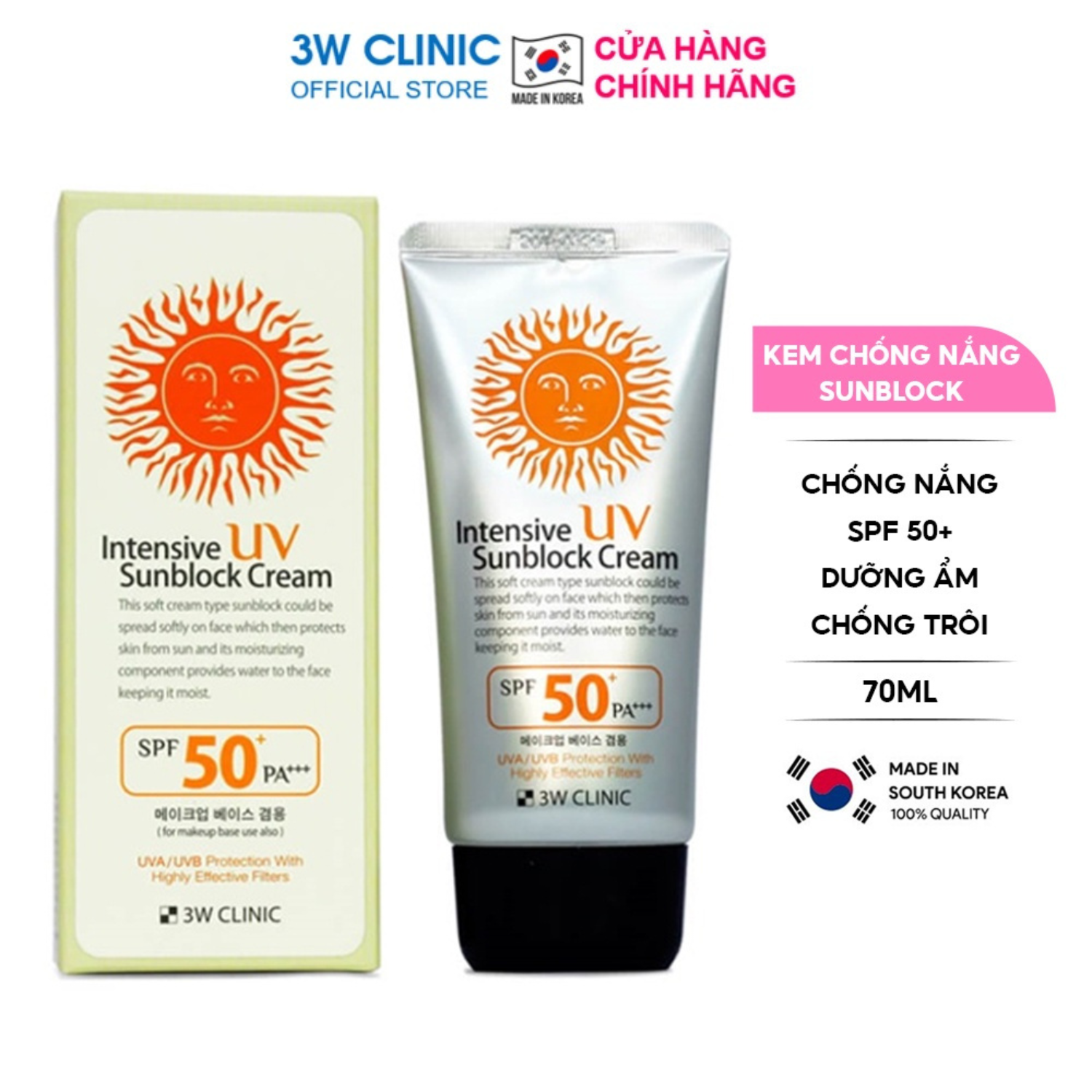 Kem Chống Nắng 3W Clinic Sunblock Cream SPF 50+ PA+++ Giúp Bảo Vệ Da Tối Ưu UV 70 ml
