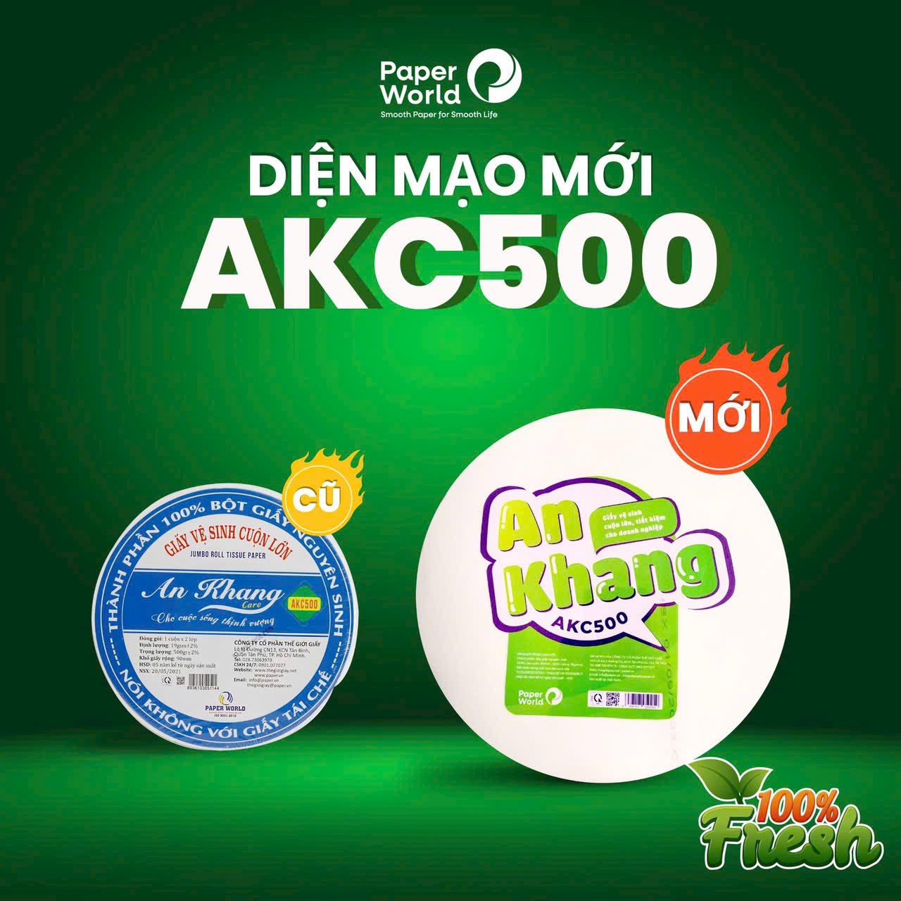 Combo 3 cuộn giấy giấy vệ sinh cuộn lớn 2 lớp 500g AN KHANG CARO | 100% Bột giấy nguyên sinh