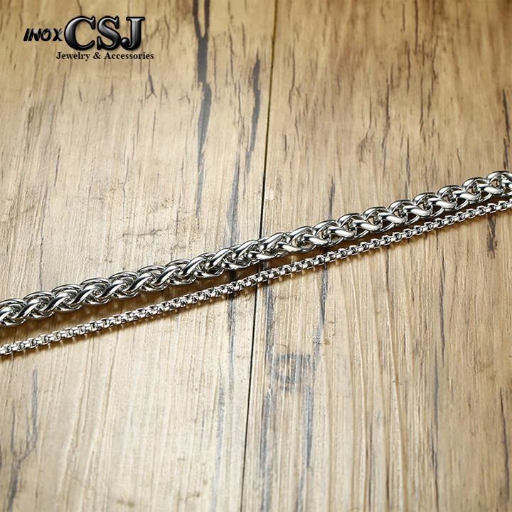Lắc tay inox cao cấp 2 tầng bông dừa kết hợp khoen đang vuông đẹp, không đen chuẩn thời trang