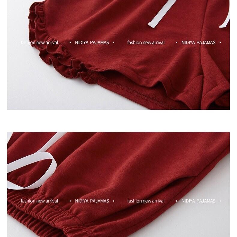 Bộ mặc nhà nữ thun cotton cổ viền bèo thắt nơ