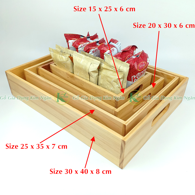 Khay Gỗ Chữ Nhật Gỗ Thông Ghép Chắc Chắn Có Quai Cầm Tiện Lợi - Nhiều Size