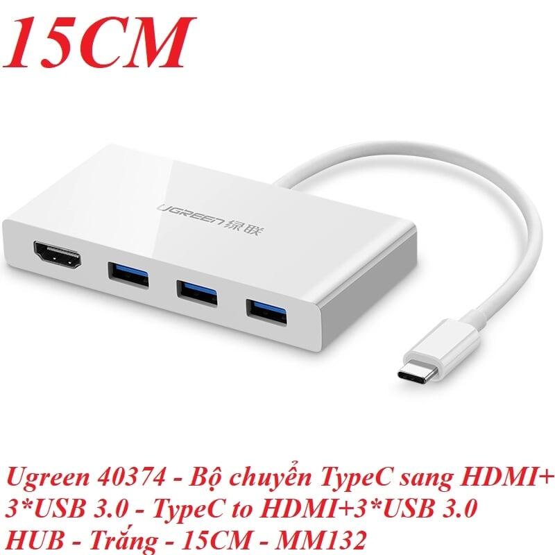 Ugreen UG40374MM132TK 15CM màu Trắng Bộ chuyển đổi TYPE C sang 3 USB 3.0 + HDMI bọc nhựa ABS - HÀNG CHÍNH HÃNG