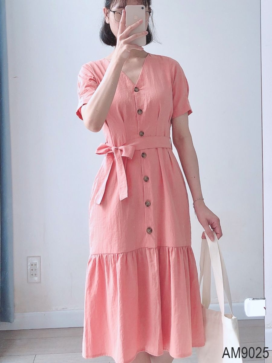 Đầm đuôi cá Nữ linen kèm thắt lưng OvanMade AM9025