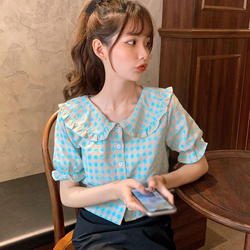 Áo Sơ Mi Caro Cổ Búp Bê Xinh Xắn Cho Nữ