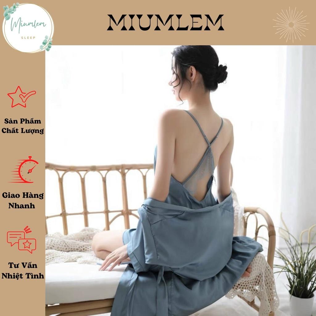 Váy Ngủ 2 Dây Nữ Liền Thân Chất Lụa Trơn Cao Cấp Cổ Chữ V Phối Ren Dây Đan Lưng Kết Hợp Áo Choàng Freesize QC234215