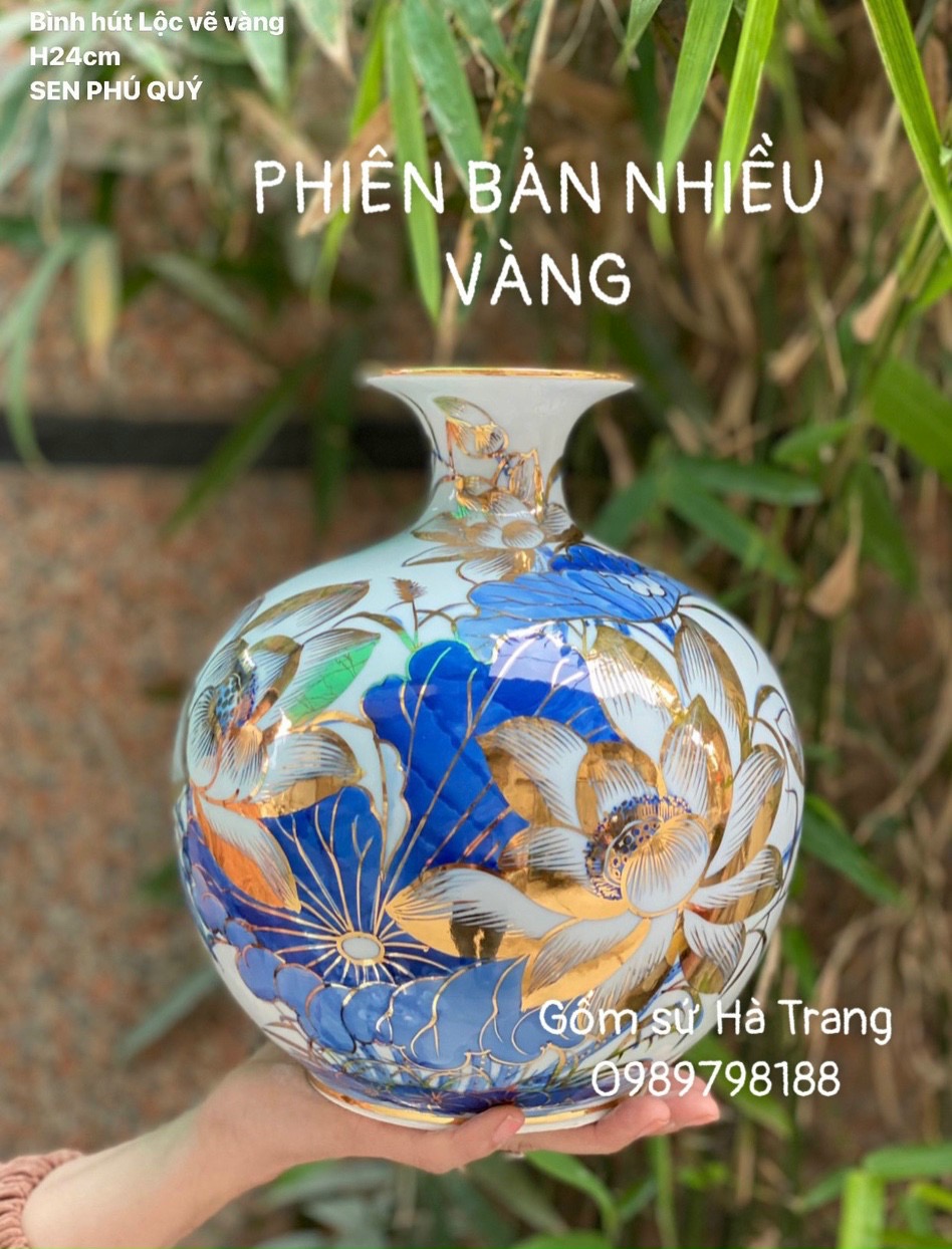 Bình hút tài lộc gốm sứ Bát Tràng cao cấp vẽ vàng hoạ tiết sen phú quý cao 24cm
