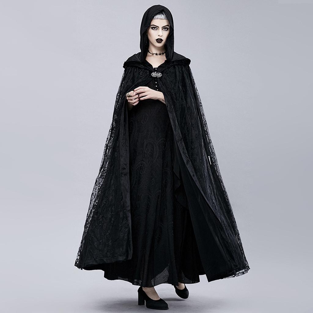 Gothic Vinatge Black Lace Witch Cape Cloak Hooded Fancy Dress Party Costume