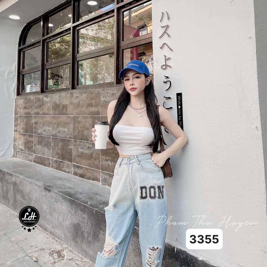 Quần jean rách đùi nữ loang màu ống rộng ulzzang lưng cao thêu chữ DON Lê Huy Fashion MS 3355