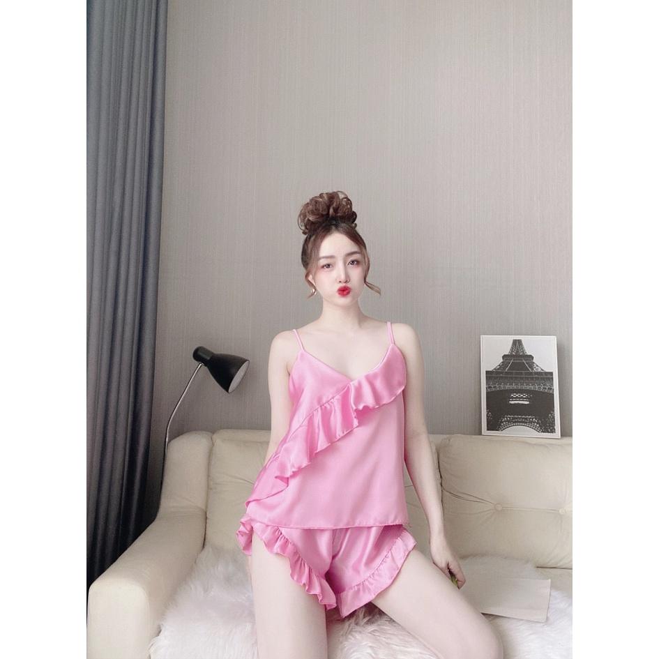 Sét đồ ngủ 2 dây quần đùi bèo chéo tà lụa satin dễ thương, đồ bộ cao cấp