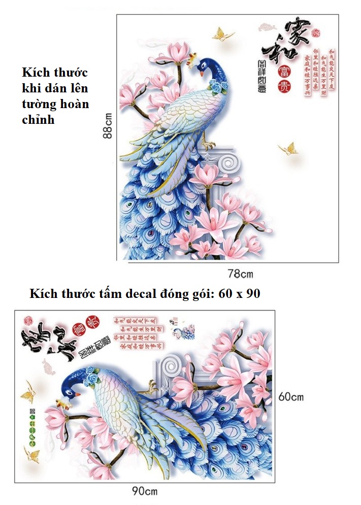 Decal dán tường 3D combo chim công và bình sen xanh sang trọng