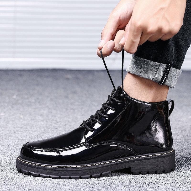 High-top leather shoes men's Korean version of high leather boots students Martin boots short boots winter men's shoes plus velvet cotton shoes - 599 black