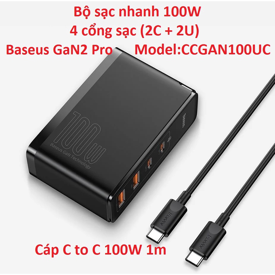 Củ sạc nhanh 100W 4 cổng 2C +2U kèm cáp sạc Baseus GAN 2 Pro CCGAN2P-M01 _ Hàng chính hãng