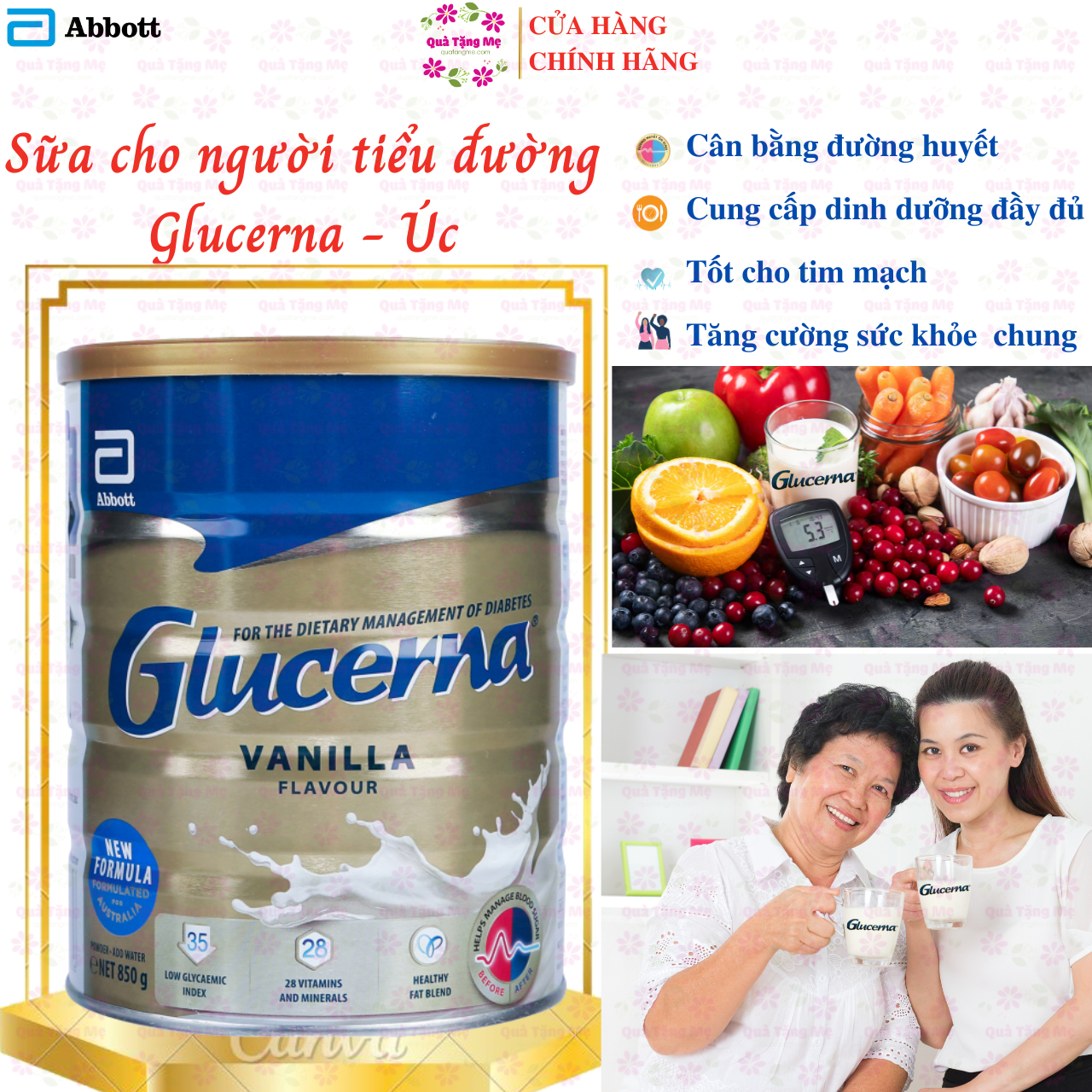 Sữa dành cho người tiểu đường Glucerna Vanilla Abbott Úc Bổ sung đầy đủ dinh dưỡng và cân bằng đường huyết - QuaTangMe Extaste - Combo 3 Hộp