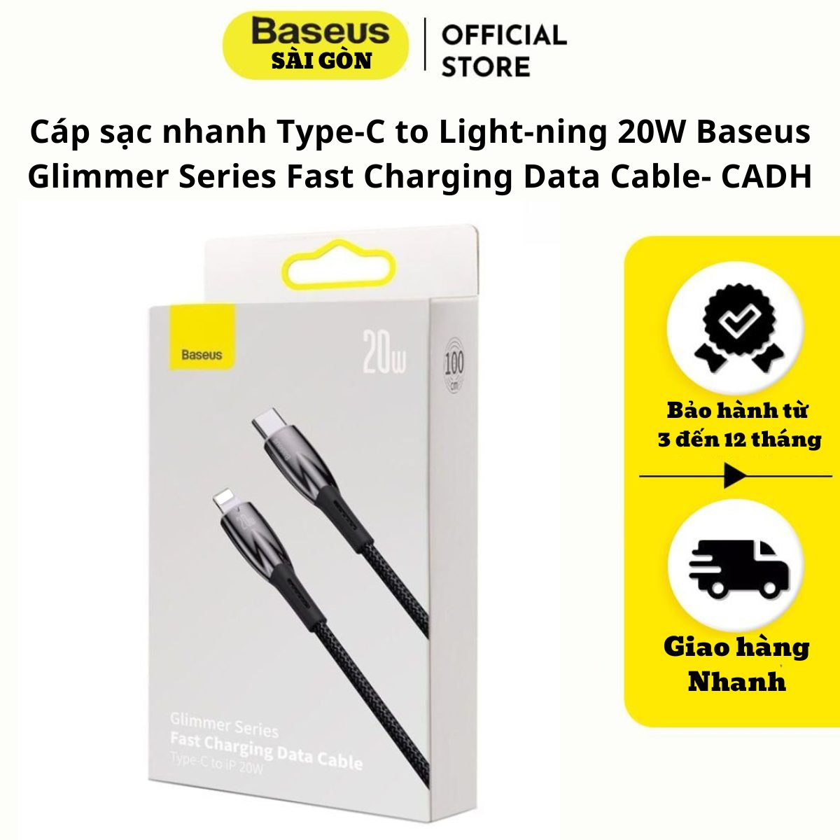 Cáp sạc nhanh Type-C to Light-ning 20W Baseus Glimmer Series Fast Charging Data Cable- CADH- Hàng chính hãng