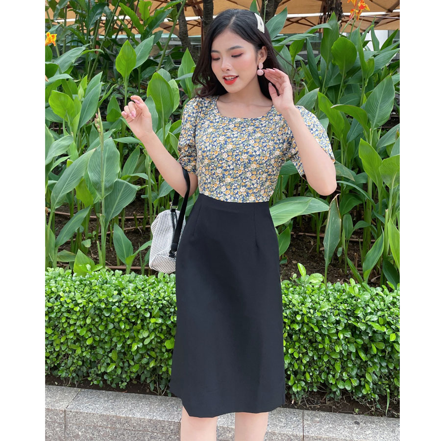 Đầm suôn chữ A phối hoa-MS027