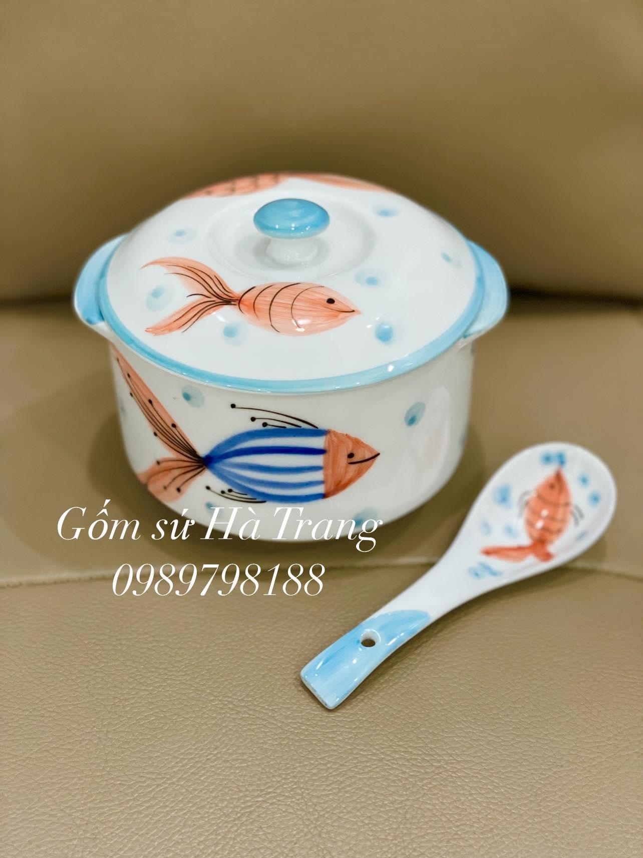 Thố chưng yến dung tích 600ml gốm sứ Bát Tràng cao cấp vẽ hoạ tiết cá kèm thìa