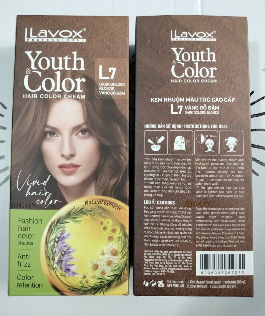 (Vàng Gỗ Đậm) Kem Nhuộm Dưỡng Tóc Màu Thời Trang Lavox Youth&amp;Color L7 - Dark Golden Blode