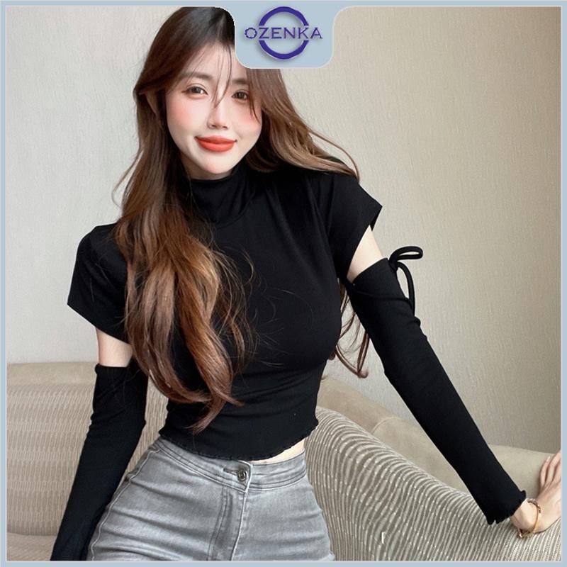 Áo croptop nữ tay dài cổ lọ ôm body Ozenka , áo crt kiểu hở tay thun gân 100% cotton màu đen trắng dưới 55 kg