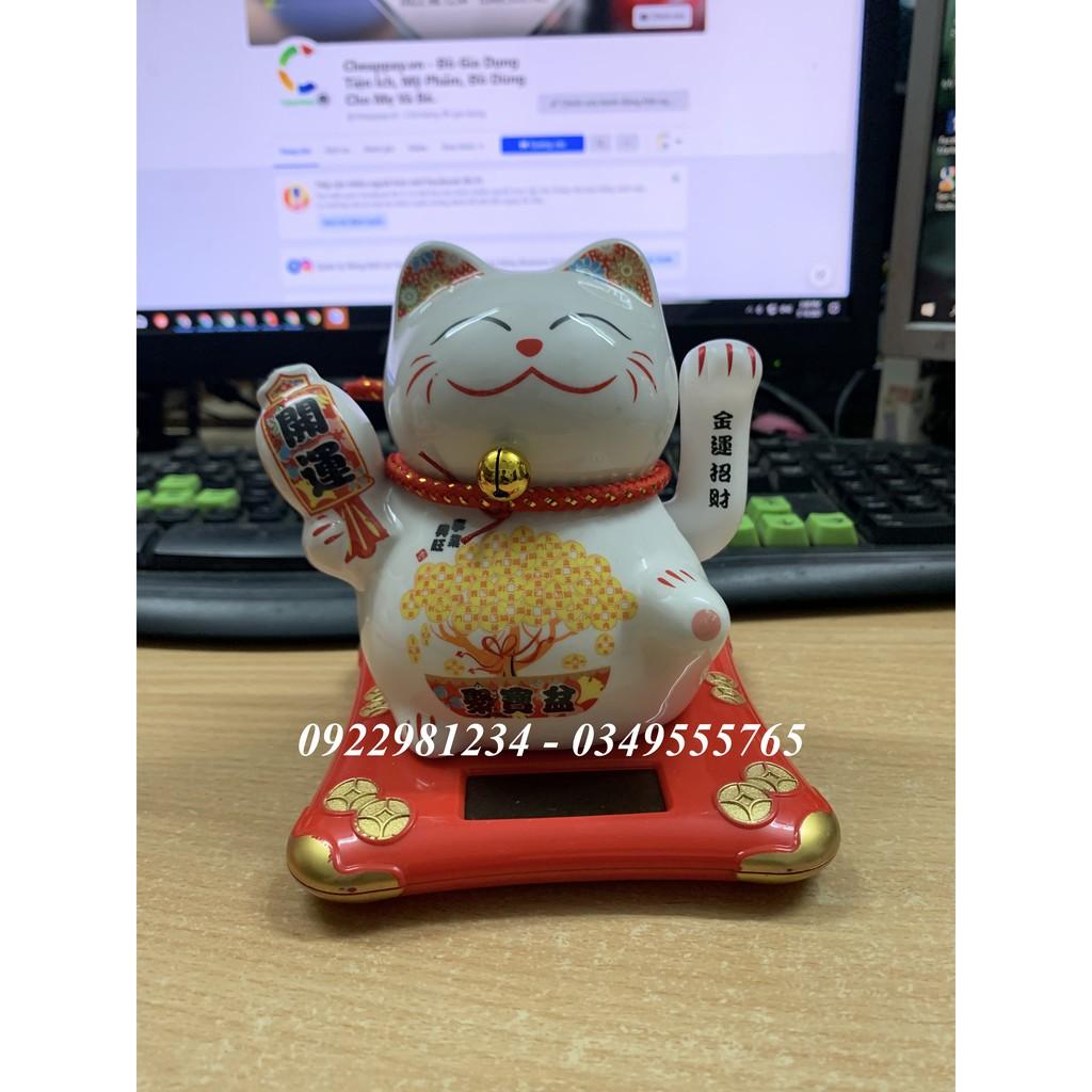 Mèo thần tài vẫy tay năng lượng mặt trời bằng sứ MT2 - size 13,9cm