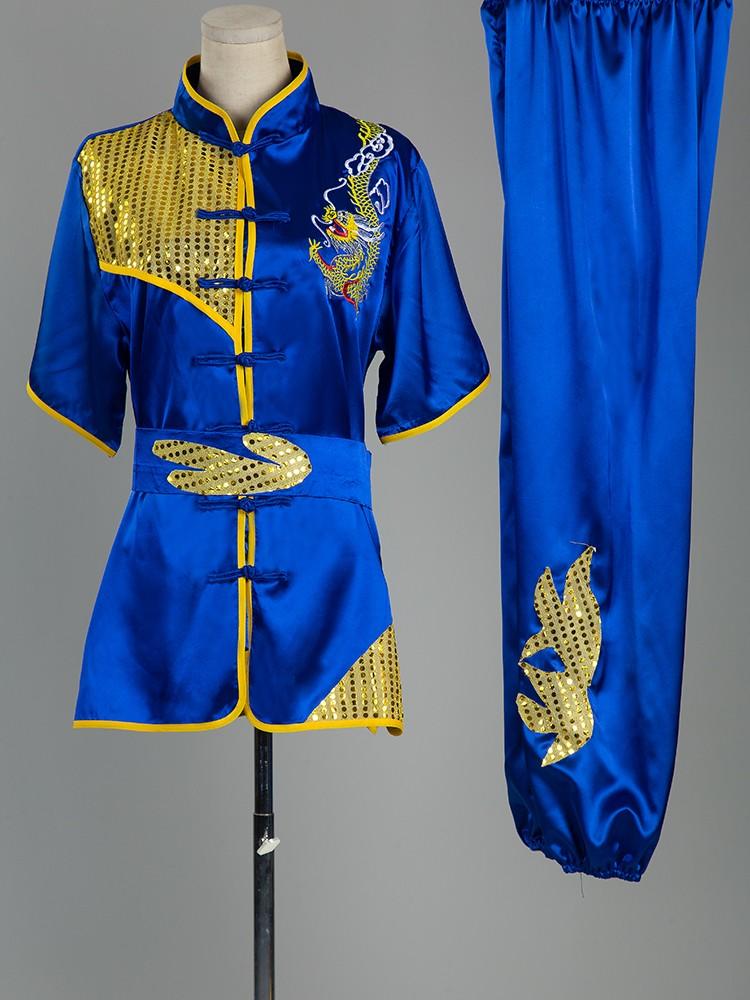 Người lớn thêu rồng rồng kung fu wushu cạnh tranh quần áo võ thuật đồng phục trẻ em Color: Blue Long Sleeve Size: 130