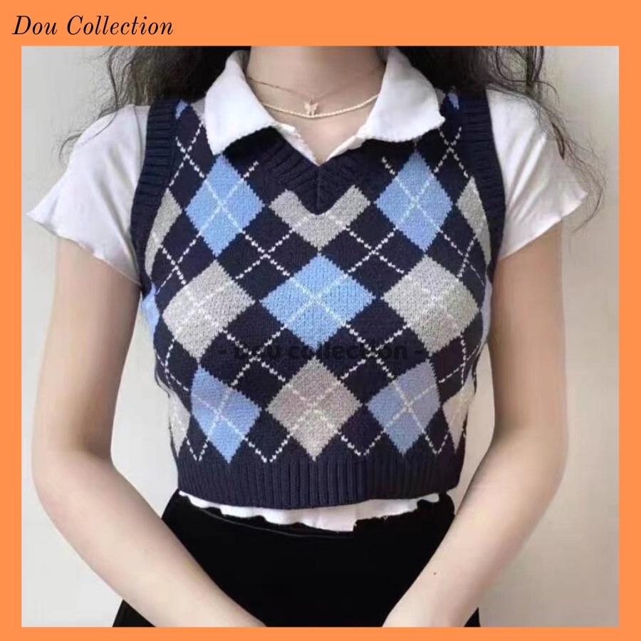 Áo Gile Họa Tiết Caro Vintage Áo Len Không Tay Cổ V Cá Tính Thời Trang Thu Đông - Mã TA002