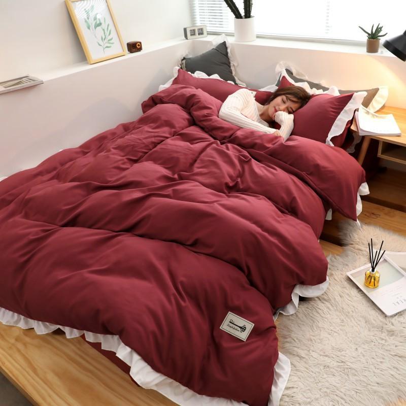 Bộ Chăn Ga Gối Cotton Đũi Viền Bèo - Đỏ Viền Trắng