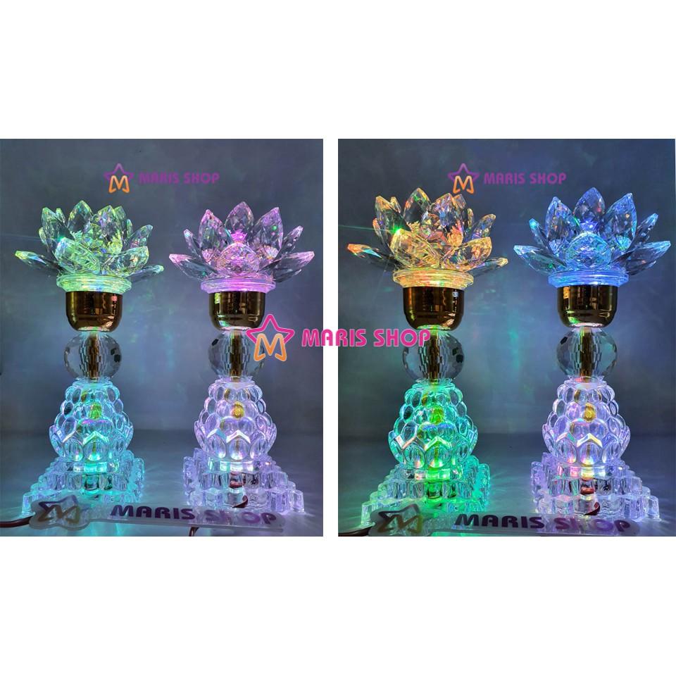 Đèn bàn thờ hoa sen pha lê cao cấp nguyên khối LED đổi màu tự động cao 25cm