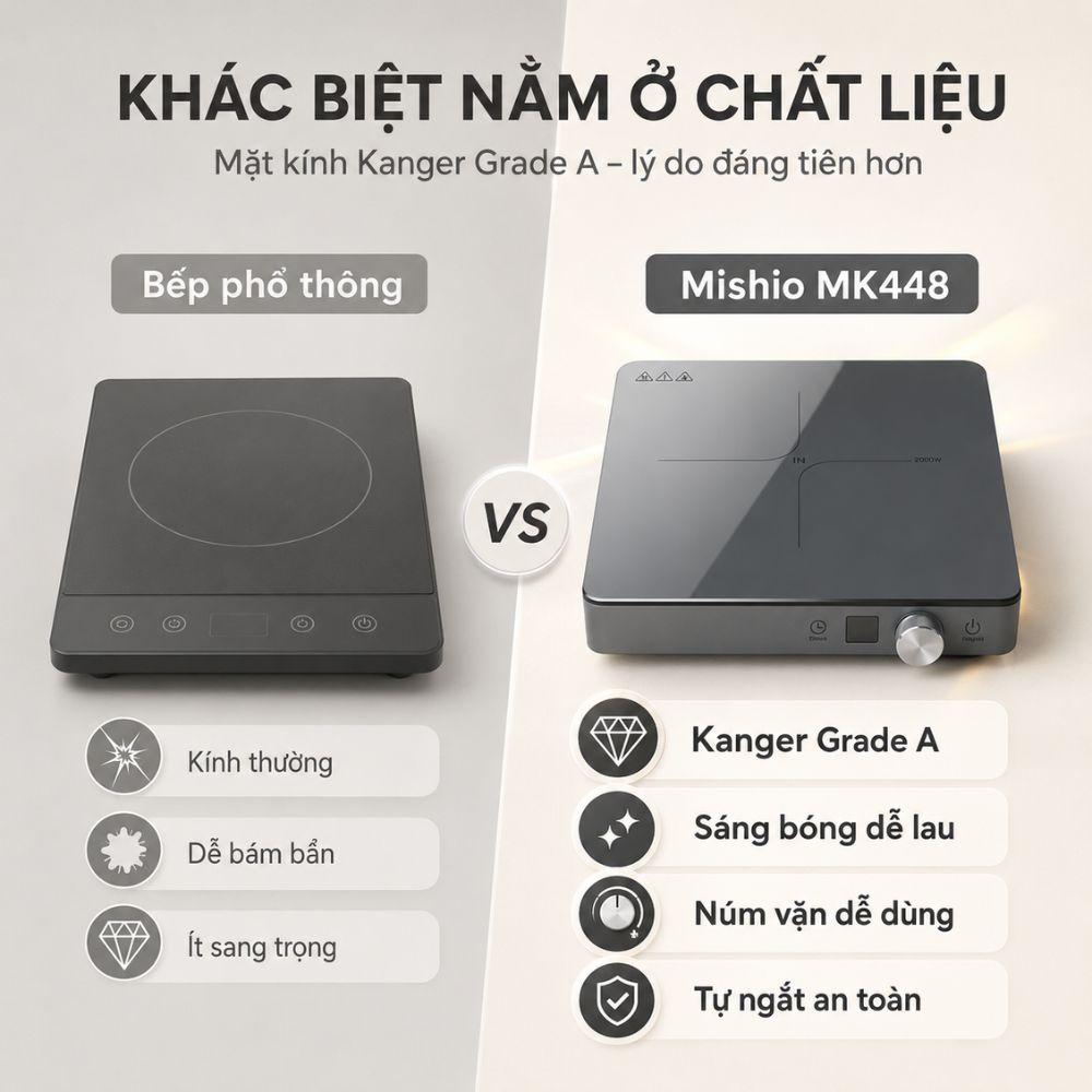 Bếp Từ Đơn Mishio MK448 Công Suất 2000W - Mặt Kính Kanger Hạng A - hàng chính hãng