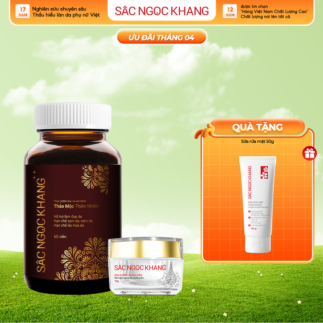 Bộ đôi trong uống - ngoài thoa Sắc Ngọc Khang: Sắc Ngọc Khang ++ (60 viên) + Kem dưỡng da ban đêm 10g