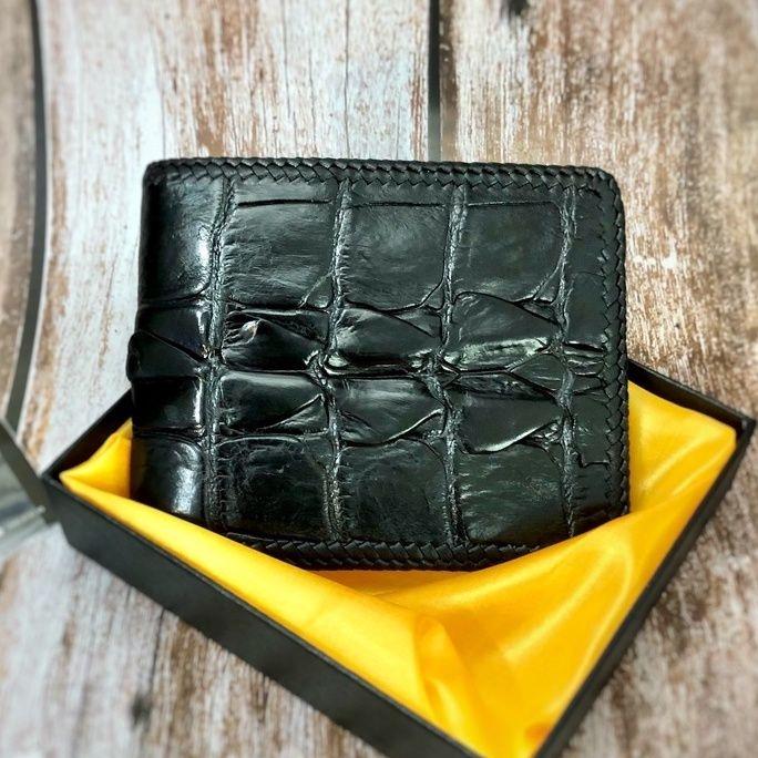 Bóp Nam Da Cá Sấu Thật Đan Viền Thủ Công Kiểu Dáng Ngang