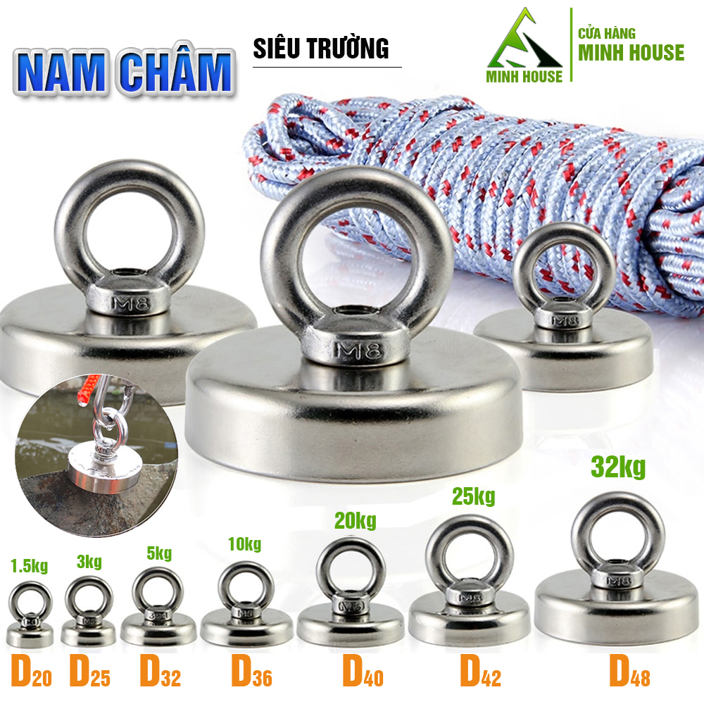 Nam châm siêu trường, siêu mạnh, siêu hút dính dùng để trục vớt đồ vật, nâng vật nặng, treo đồ, cứu hộ Minh House