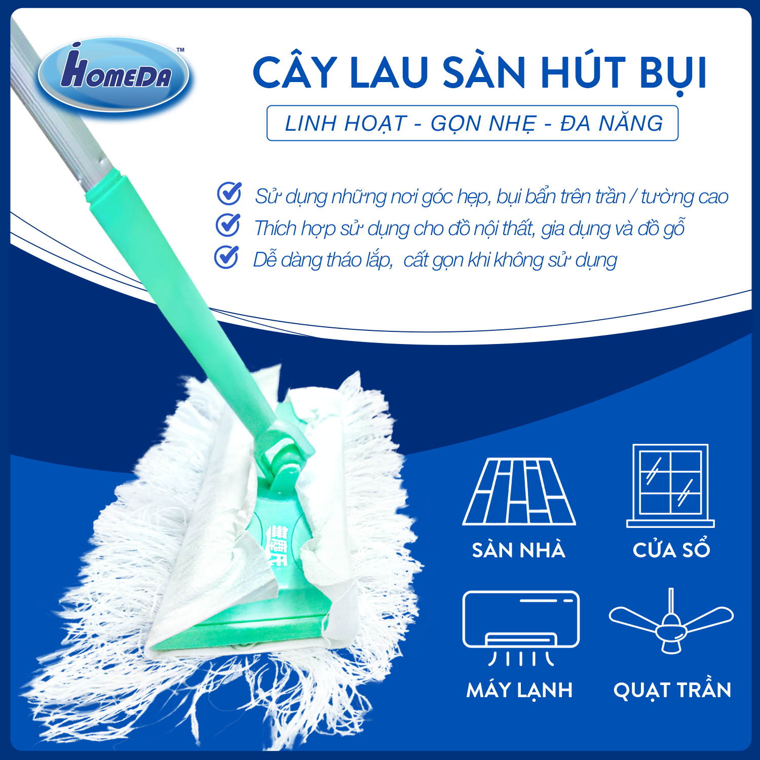 Combo 1 Bộ Cây Lau Sàn Đa Năng iHomeDa &amp; 5 + 5 Khăn ướt lau sàn kháng khuẩn tiện dụng iHomeDa ( Hương Cam &amp; Hương Lavender) - Combo 1 Multi functional cleaning mop and 5 + 5 flooring wet wipes/ iHomeda cleaning mop combine with wet wipes