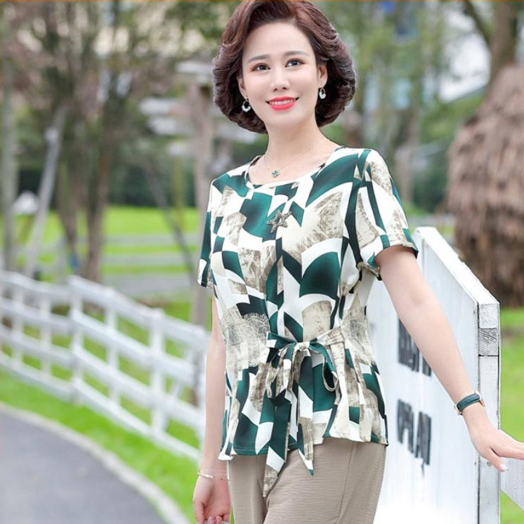 Bộ Mặc Nhà, Quần Áo Trung Niên Cho Bà Cho Mẹ Áo Vải Lụa Thắt Nơ Eo, Quần Vải Đũi Trơn Mã TN24 - Meety